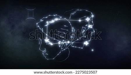 Image of gemini sign with stars on black background. Zodiac signs, stars and horoscop concept digitally generated image. Royalty-Free Stock Photo #2275023507