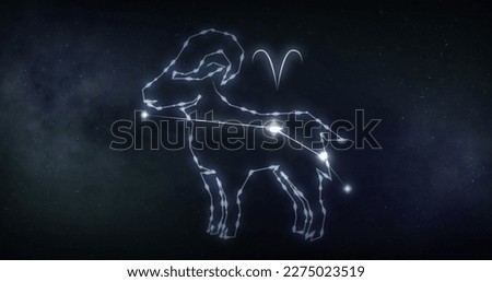 Image of aries sign with stars on black background. Zodiac signs, stars and horoscop concept digitally generated image. Royalty-Free Stock Photo #2275023519
