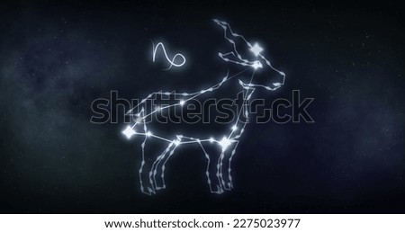 Image of capricorn sign with stars on black background. Zodiac signs, stars and horoscop concept digitally generated image. Royalty-Free Stock Photo #2275023977