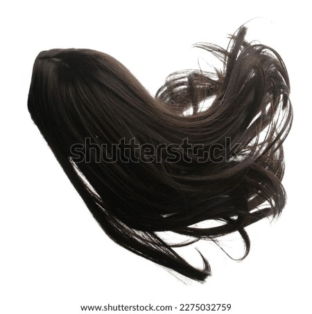 Long straight Wig hair style fly fall explosion. Black woman wig wave hair float in mid air. Straight black curl wig hair wind blow cloud throw. White background isolated high speed freeze motion Royalty-Free Stock Photo #2275032759