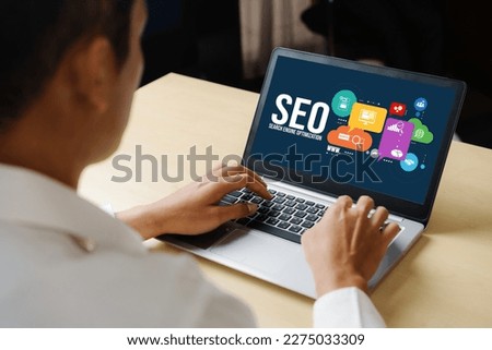 SEO search engine optimization for modish e-commerce and online retail business showing on computer screen Royalty-Free Stock Photo #2275033309