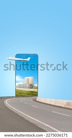 Asphalt road to the mobile screen with a view of green grass and cityscape with blue sky background