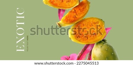 Creative concept of prickly pear on the green background.  Exotic fruits and leaves. Food concept. Royalty-Free Stock Photo #2275045513