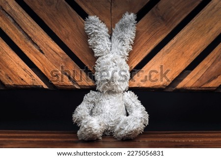 An old rabbit doll sits on a chair.