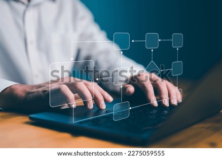 Business process and workflow automation with flowchart, Scheme of hierarchy management of corporate and processing management, Problem-Solving, Workflow, Monitoring and Evaluation, quality control. Royalty-Free Stock Photo #2275059555