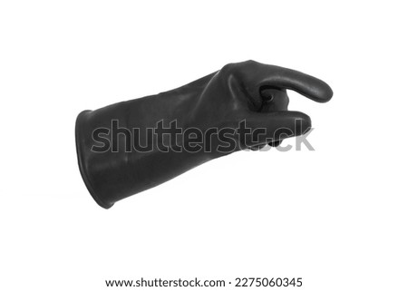 Black rubber glove isolated on a white background with the thumb and forefinger stretched out showing a short distance