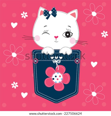 cute white cat in the pocket vector illustration