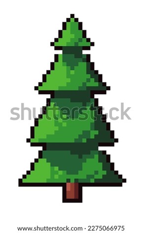 Wood or forest play scene decoration, pixel pine tree with foliage and twigs. Nature and wilderness, plants and decor. Pixelated isolated icon for 8 bit game, retro design. Vector in flat style