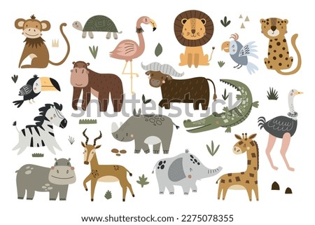 Set of cute African animals in scandinavian style isolated on white background. Vector illustration for the design of textiles, posters, clothes