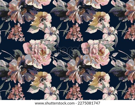 abstract multicolor abstract roses flower pattern arrangement with medium color, all over vector design with blue solid background illustration digital image for textile printing factory Royalty-Free Stock Photo #2275081747