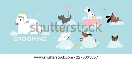 Cute cartoon dog Happy Grooming. Pet washing service flat vector illustration. Happy bathing pet	
