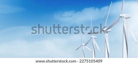 Realistic 3D wind turbines against blue sky background. Vector illustration of windmill farm with rotating blades for alternative power generation. Modern technology, renewable energy equipment Royalty-Free Stock Photo #2275105409