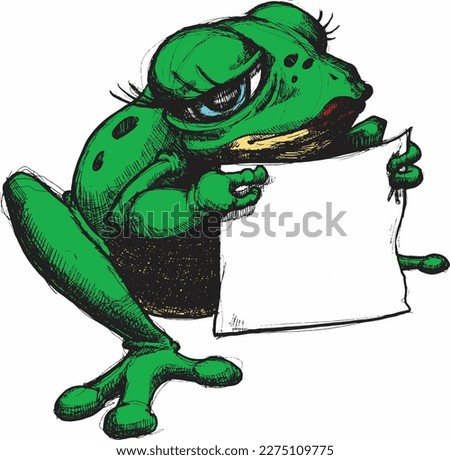 colored hand drawn illustration of a female toad holding up blank sign.