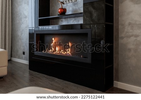 Bio Fireplace burn on ethanol gas. Contemporary mount biofuel on ethanol fireplace fireplace. Modern smart ecological alternative technologies. Interior design of a house inside. Royalty-Free Stock Photo #2275122441