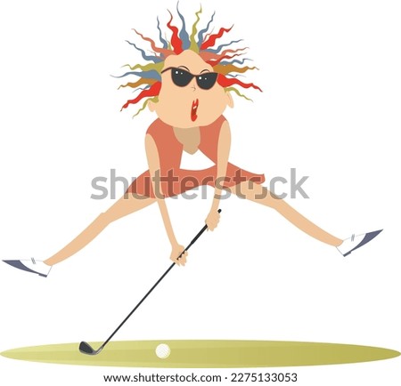 Golfer woman on the golf course. 
Funny golfer woman aiming to do a good shot. Isolated on white background
