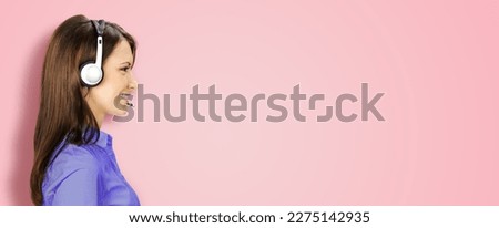 Call Center Service. Profile side portrait image of customer support or answer worker, sales agent. Caller, receptionist phone operator. Helpline answering, telemarketing on rose pink background. zoom