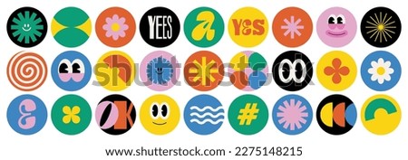 Naive playful abstract shapes sticker pack. Groovy circle oval rectangle arch eyes typography in trendy retro 90s cartoon style. Vector illustration with wavy geometric elements. Brutalism aesthetic.