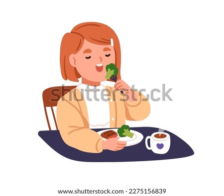 Happy kid eating healthy food. Cute little girl at lunch. Childs wholesome breakfast meal with broccoli vegetables and meat, tea cup at table. Flat vector illustration isolated on white background Royalty-Free Stock Photo #2275156839