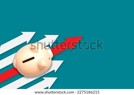 piggy bank on blue background. top view, Business Competition Content and Business Growth, Paper planes hit the target. Piggy bank with paper airplane