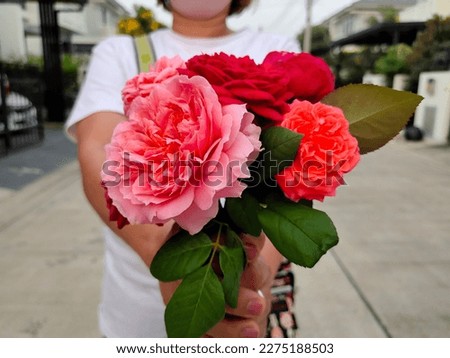 Giving flowers, close-up view of the person standing. While handing a bouquet of beautiful roses of many colors to the front, sending flowers and the idea of ​​sending love and care to each other.