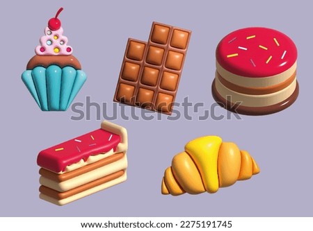 Sweet food dessert 3d realistic render icon set. Cake, croissant, cupcake, chocolate, bento cake. Food clip art. 