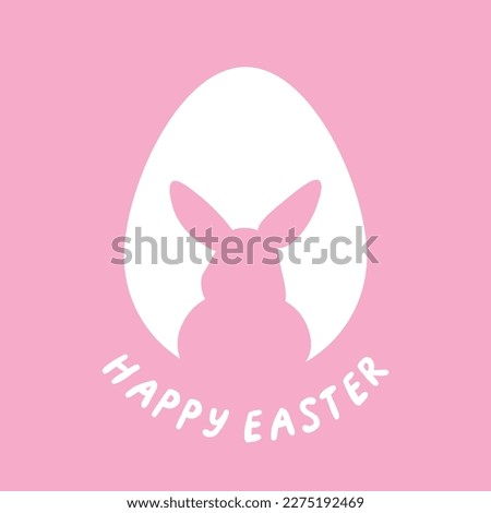Square vector minimalistic illustration in pink and white with text "Happy Easter" and holiday attributes