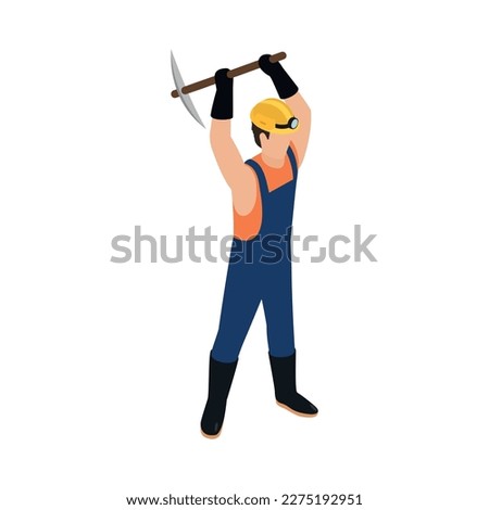 Isometric miner working with mattock 3d vector illustration