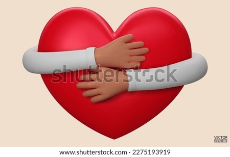 3D hands hugging a red heart with love. Cartoon Hand embracing heart with white sleeve isolated on beige background. love yourself. Used for posters, postcards, t-shirt prints. 3D vector illustration. Royalty-Free Stock Photo #2275193919