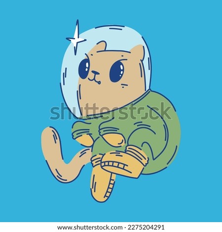 Gray cat with big cute eyes in a green yellow space suit on a blue background