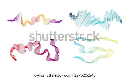 Curved wavy stripes. Set of four abstract colored gradient wave lines on white background. Vector illustration