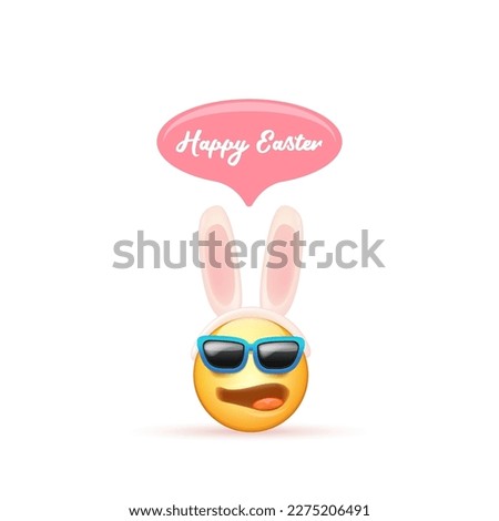 Happy easter funny banner with cartoon 3d smile face with rabbit ears and sunglasses isolated on white background. Vector 3d square happy eater poster, flyer, banner, label and background