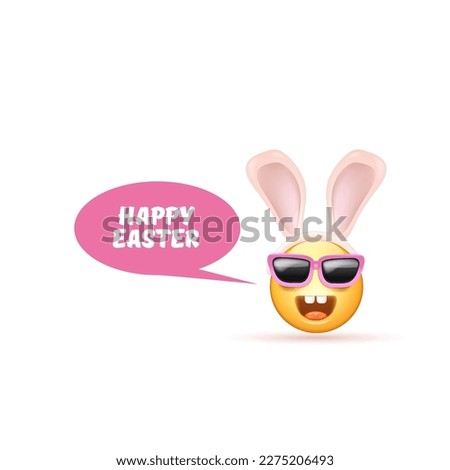 Happy easter funny banner with cartoon 3d smile face with rabbit ears and sunglasses isolated on white background. Vector 3d square happy eater poster, flyer, banner, label and background