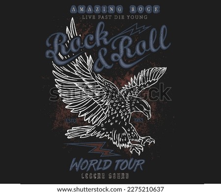 Rock and roll tour t shirt print design. Rockstar vector artwork. Rebel eagle graphic illustration. Music poster.