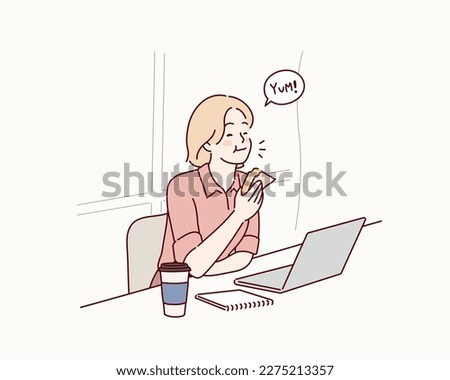 woman holding and eating whole wheat sandwich while working on laptop computer. Hand drawn style vector design illustrations. Royalty-Free Stock Photo #2275213357