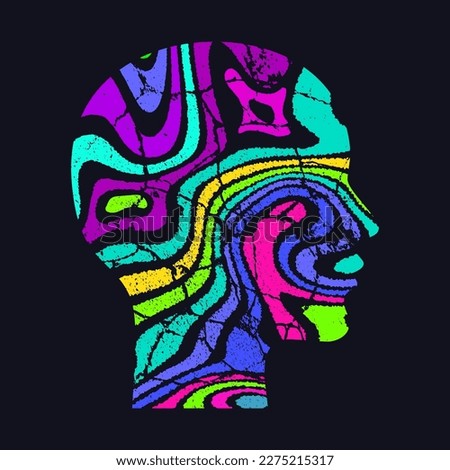 Woman profile. Silhouette of head with neon abstract psychedelic pattern. Optical illusion. Vector illustration isolated on white background.