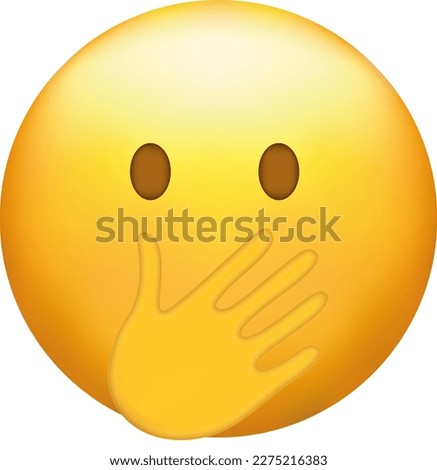 Flushed emoji with big eyes. Embarrassed emoticon, cover mouth with hand. Royalty-Free Stock Photo #2275216383