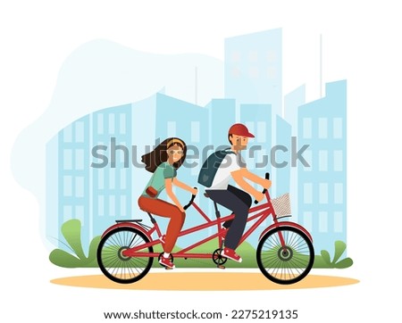 People riding tandem bicycle together in the city park, family hobby, healthy lifestyle concept, urban environments, outdoor leisure, flat vector illustration