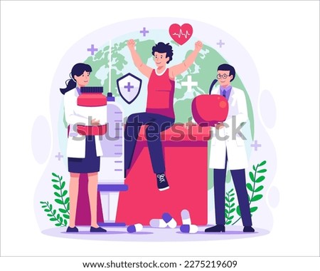World Health Day. Doctors are bringing medicine and healthy food. Celebrate Health Day. Vector Illustration