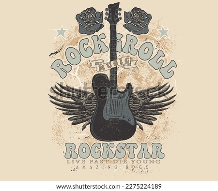 Guitar with wing rock and roll vector t shirt design. Music band poster artwork for apparel, poster, background, and others. Rockstar vector artwork. Rebel eagle graphic illustration.