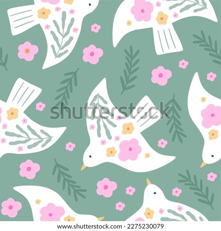 Spring seamless pattern with bird, flowers, leaves. Abstract vwctor print
