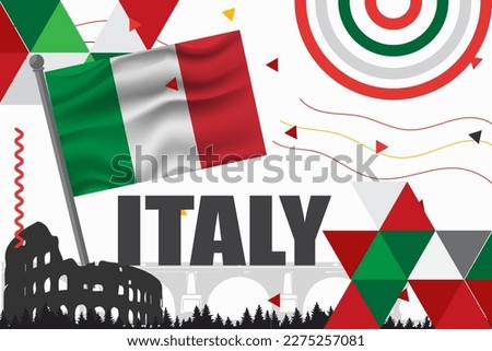 Italia national day banner design. Italian flag and map theme with Rome landmark background. Abstract geometric retro shapes of red and green color. Italy Vector illustration.
