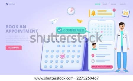 Book an appointment online, visit hospital, schedule meeting with doctor on the calendar selecting the date. 3d design concept. Three dimensional vector illustration with tiny characters. Royalty-Free Stock Photo #2275269467