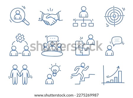 Doodle business team icon set. Doodle teamwork people community, office man group work concept. Target, talk man, handshake element. Hand drawn sketch style vector illustration Royalty-Free Stock Photo #2275269987