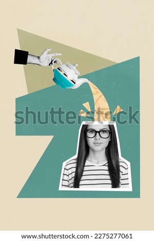 Vertical collage picture image poster of human arm hold teapot pouring liquid open head isolated on painted background
