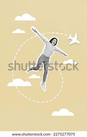 Collage picture sketch poster of cheerful funky funny girl rejoice enjoy trip isolated on drawing background