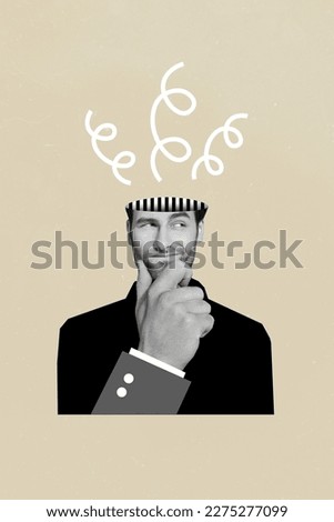 Vertical creative sketch collage picture of minded man arm touch chin think solve task look question isolated on painted background