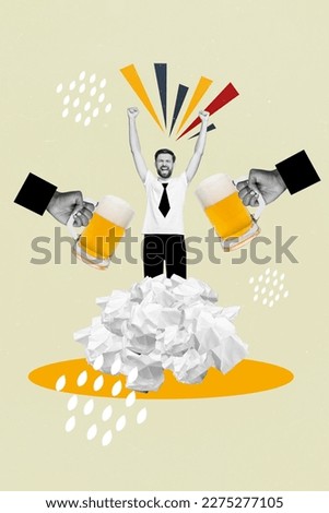 Vertical creative collage picture image of crazy guy champion celebrating victory beer festival fists up isolated on drawing background