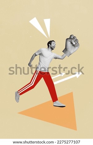 Creative illustration collage sketch picture of funky sporty guy sports competition showing big fist power isolated on painted background