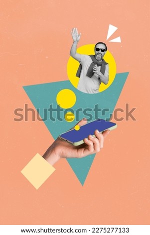 Vertical collage picture of arm hold smart phone communicate positive black white effect mini man isolated on painted background
