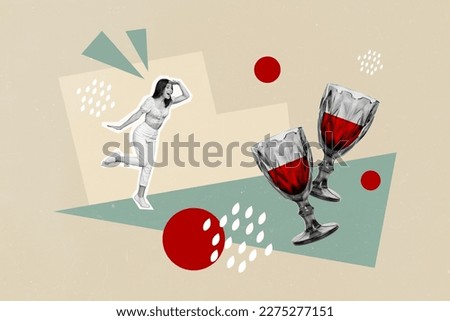 Exclusive painting magazine artwork image of cheerful glad lady looking ahead dream weekend tasty wine isolated on drawing background Royalty-Free Stock Photo #2275277151